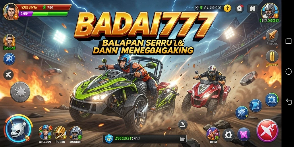 Tampilan gameplay seru dari BADAI777 saat balapan di lintasan.