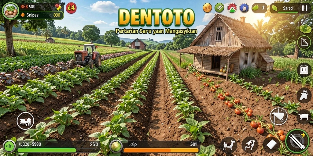 Tampilan gameplay DENTOTO dengan lahan pertanian yang luas dan berwarna-warni.