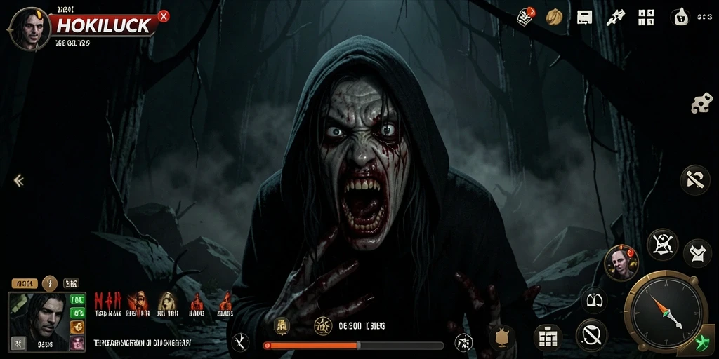 Gameplay HOKILUCK yang menyeramkan dengan suasana kegelapan yang mencekam.