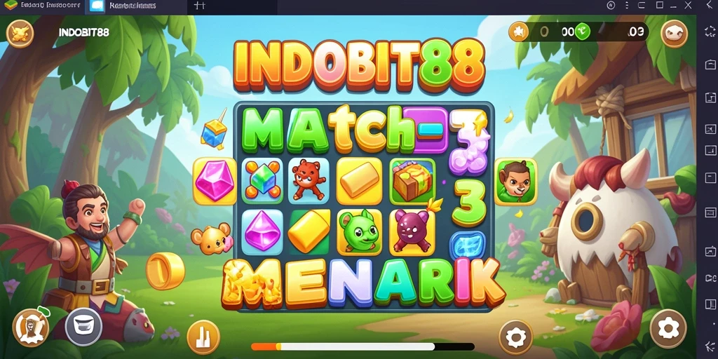 Tampilan gameplay <strong>INDOBIT88</strong> dengan aksi seru Match-3 yang memukau.