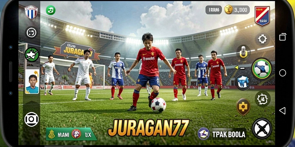 Tampilan gameplay menarik dalam JURAGAN77 menunjukkan aksi sepak bola nyata.