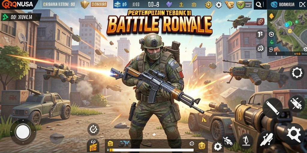 Screenshot gameplay QQNUSA yang menunjukkan aksi seru Battle Royale.