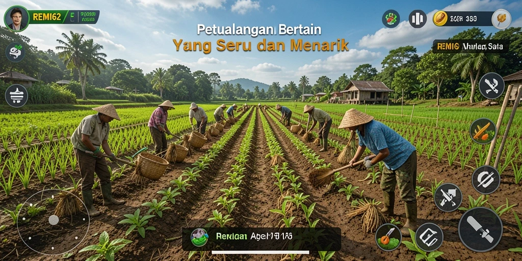 Tampilan gameplay menarik dalam REMI62 dengan latar pertanian hijau.