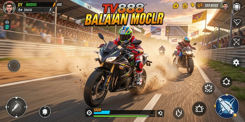 Tampilan gameplay TV888 yang mendebarkan dengan balapan motor.
